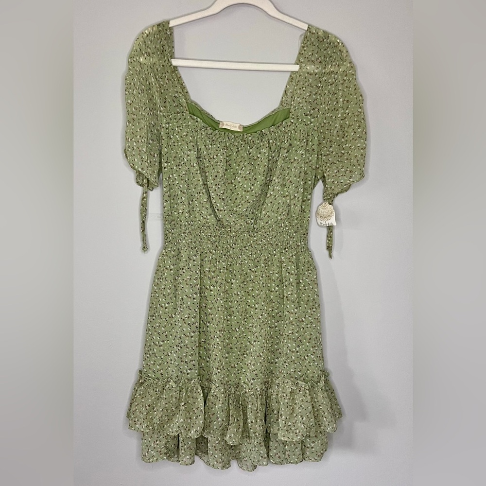 Altar'd State Women’s Sage Floral Short Puff Sleeve Mini Dress Ruffled Sz Large